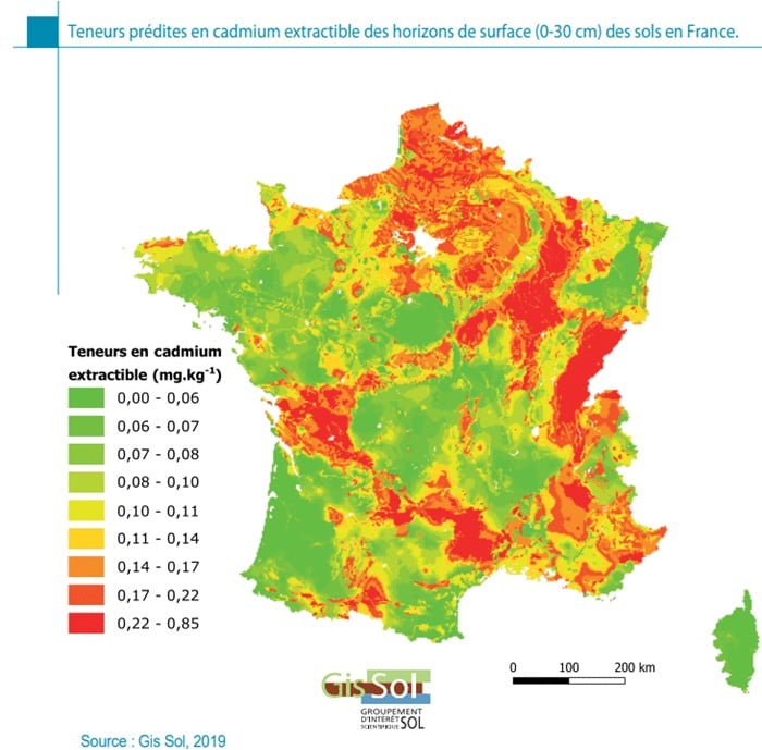 Teneurs prédites en cadmium extractible des horizons de surface des sols en France